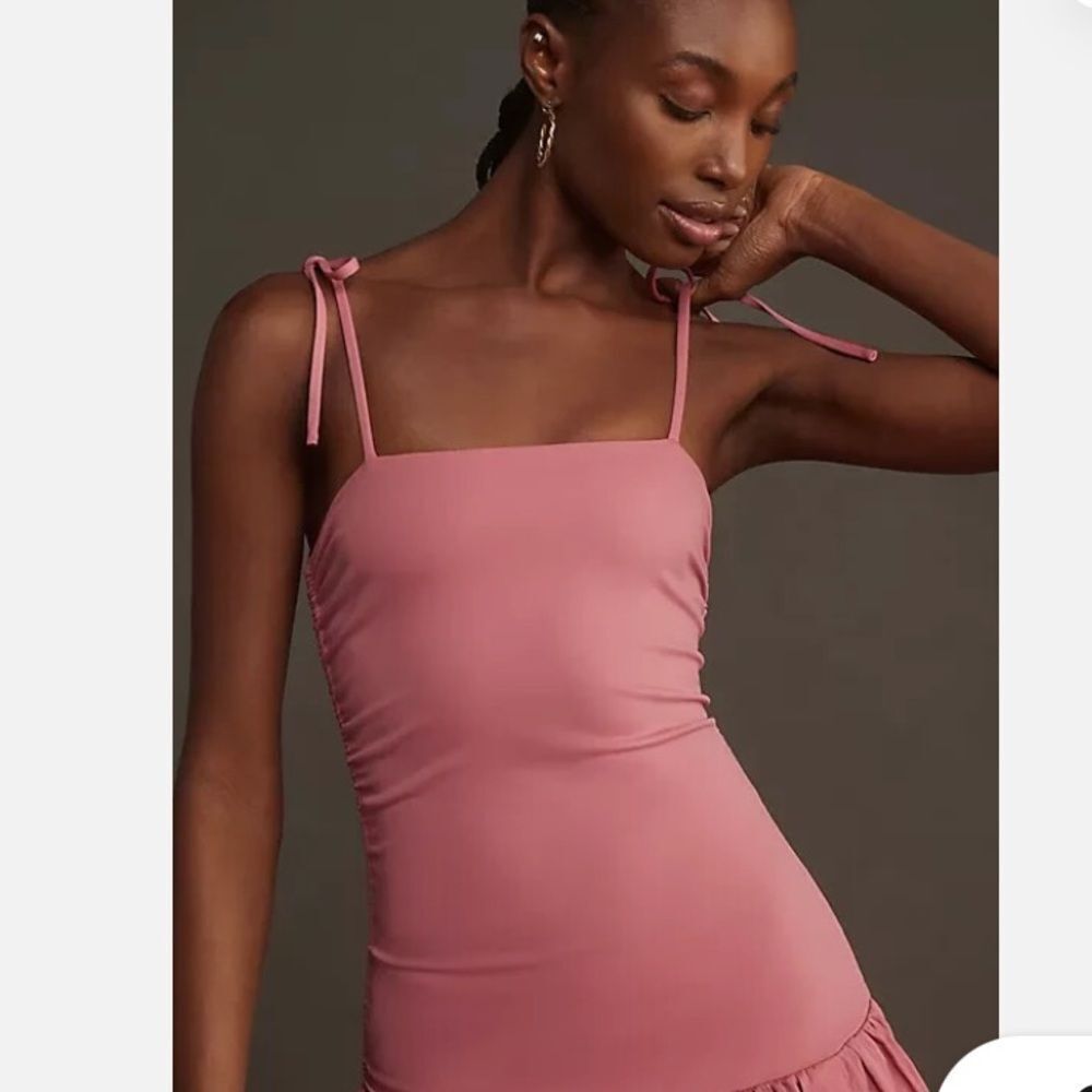 Anthropologie Mare Mare Sleeveless Drop-Waist Bubble-Hem Midi Dress Rose - Picture 3 of 7
